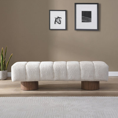 Banc de salle à manger rembourré pour la salle à manger, banc de repose-pieds sans assemblage pour le salon de la chambre à coucher, dessus de tabouret en fausse fourrure beige avec pieds en bois et capacité de poids de 300 lb