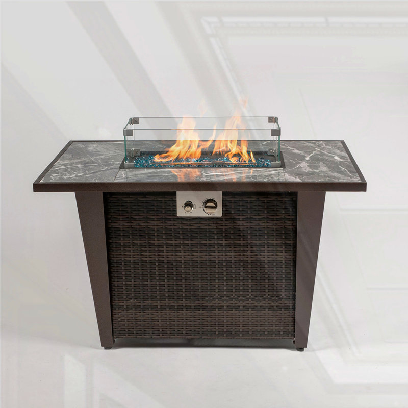 42inch Rattan Fire Pit Table with Ceramic Tile Tabletop