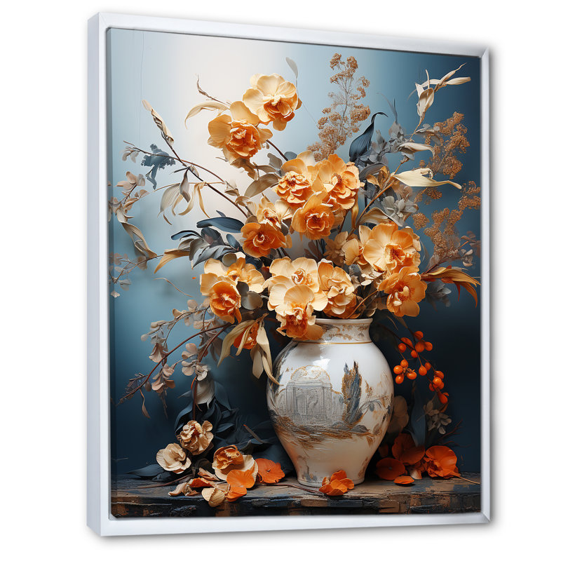 Reproduction sur toile luxueuse d'orchidées jaunes dorées, Cadre flottant blanc, H 20 po x l 12 po