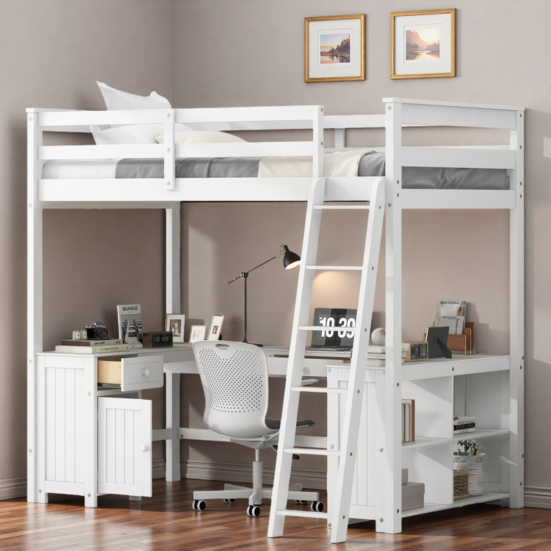 Lit mezzanine avec bureau en U, tiroirs, tablettes de rangement et armoire, Blanc / Blanc