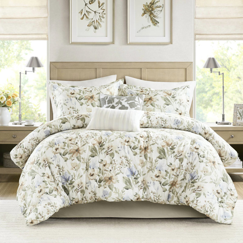 Édredon pour très grand lit 6 pièces, imprimé coton, motif floral, 100% coton, bourre en polyester 300 g / m², broderie en chaîne
