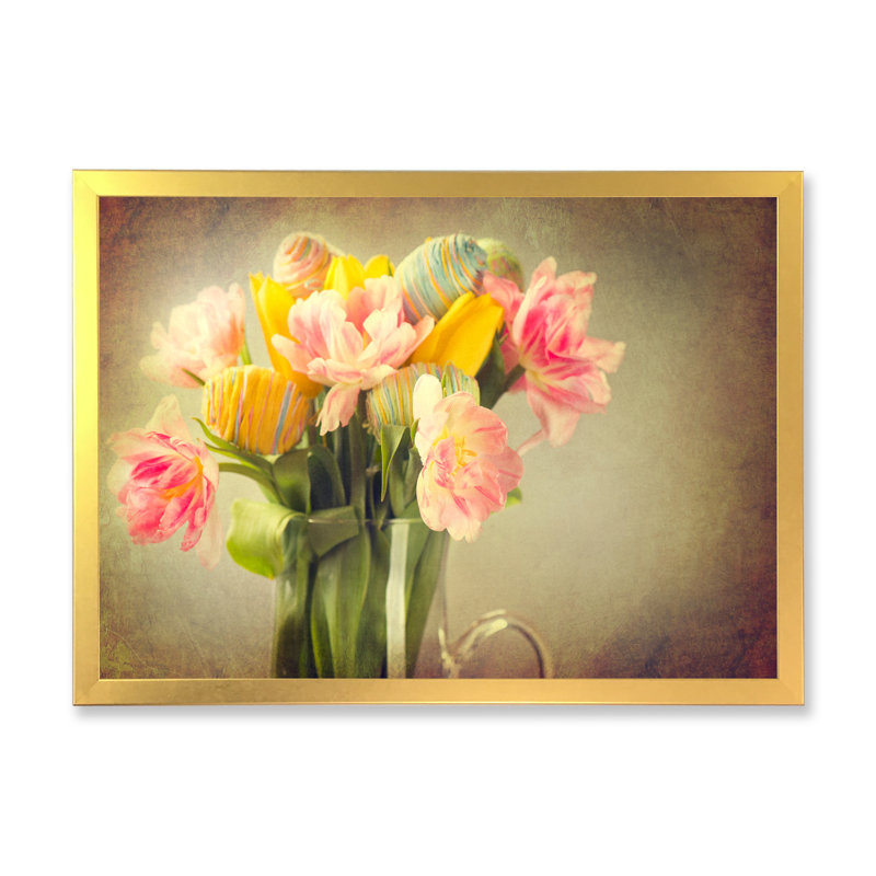 Tulipe, bouquet de fleurs et œufs - reproduction sur toile avec cadre flottant, H 16 po x l 32 po x P 1 po, Cadre doré