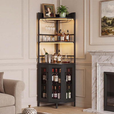 Corner Wine Cabinet Wooden Space Saving Wine Cabinet Iron Pipe Frame Cabinet With Led Light, Storage Furniture Stylish