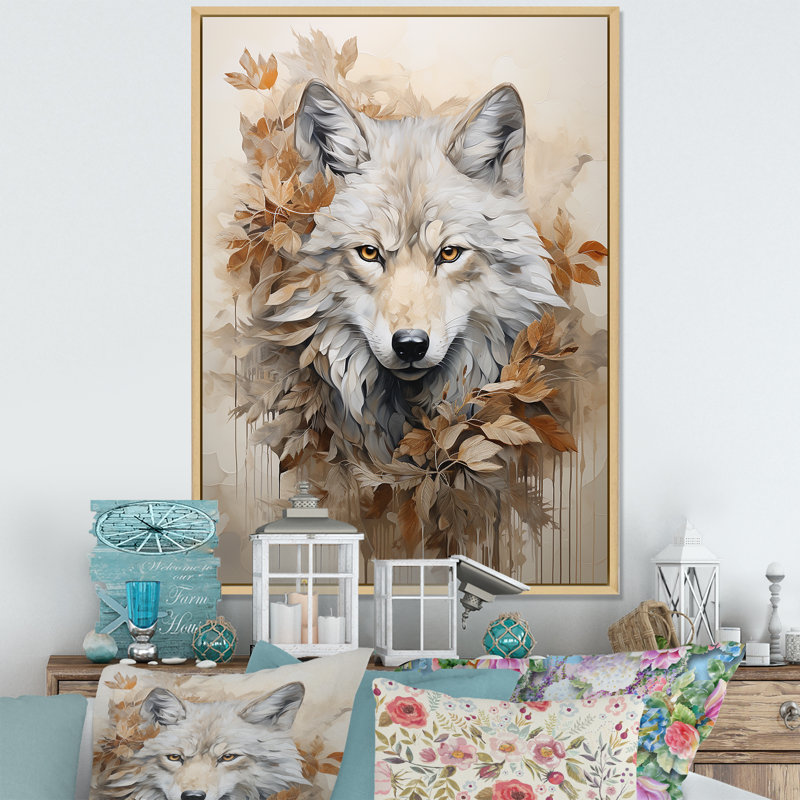 Minimalisme, loup beige expression I - loup, reproduction d'art murale, Cadre naturel flottant, H 32 po x l 16 po x P 1 po