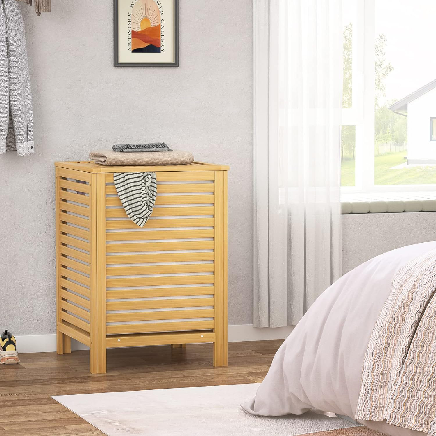 CHUANGWENYI Bamboo Laundry Hamper, 2-Section 120L Laundry Hamper With ...