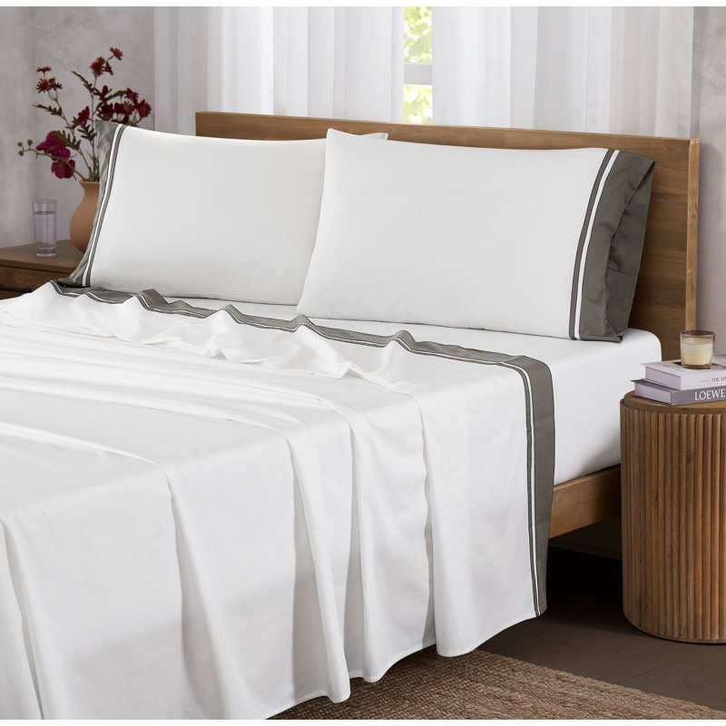 Ensemble de draps Brooklyn, Queen Sheet Set, Blanc/gris