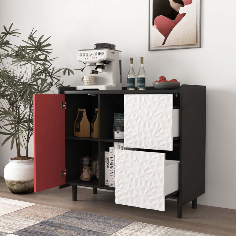 Buffet moderne avec portes, 2 tiroirs avec panneau unique et 2 compartiments de rangement ouverts pour la cuisine et la salle à manger
