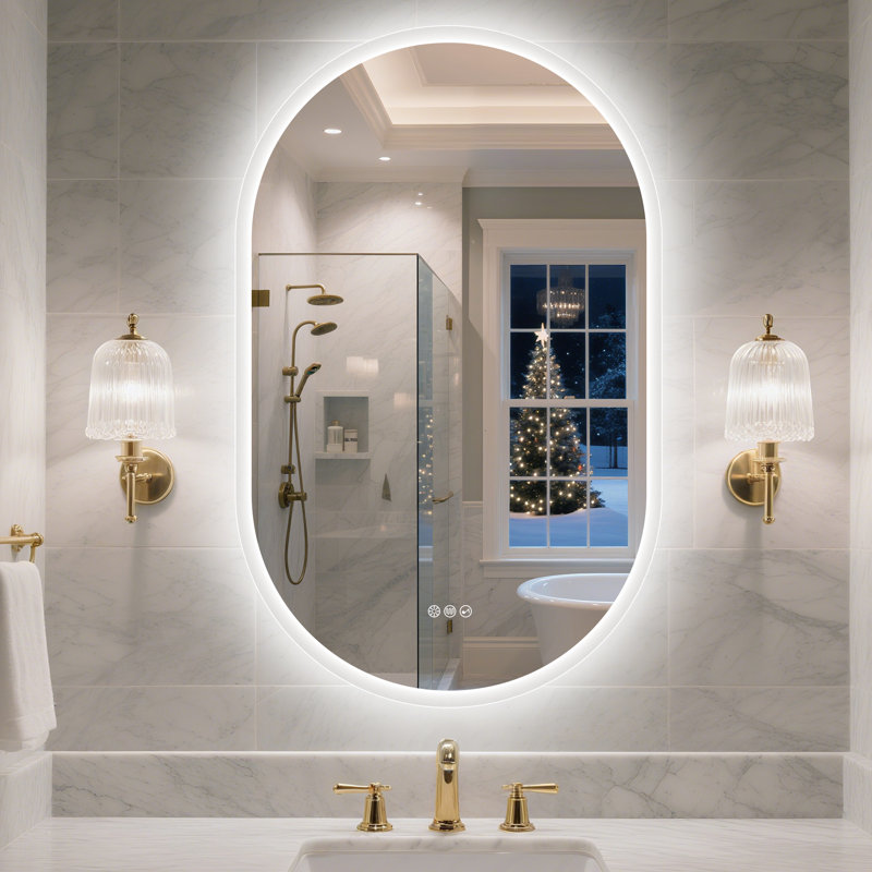 Ahmiyah ovale à DEL-miroir de salle de bain / anti-buée / à intensité variable / Bluetooth / verre trempé, 35,5 po x 24 po