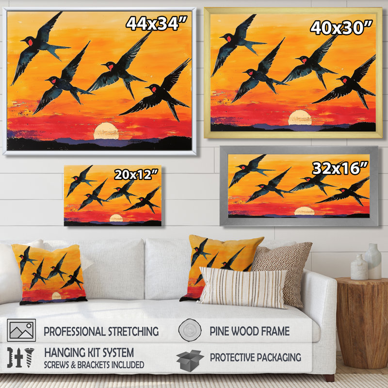 Swallows at Sunset - oiseau, art mural, Cadre simple, Noir, H 12 po x l 20 po