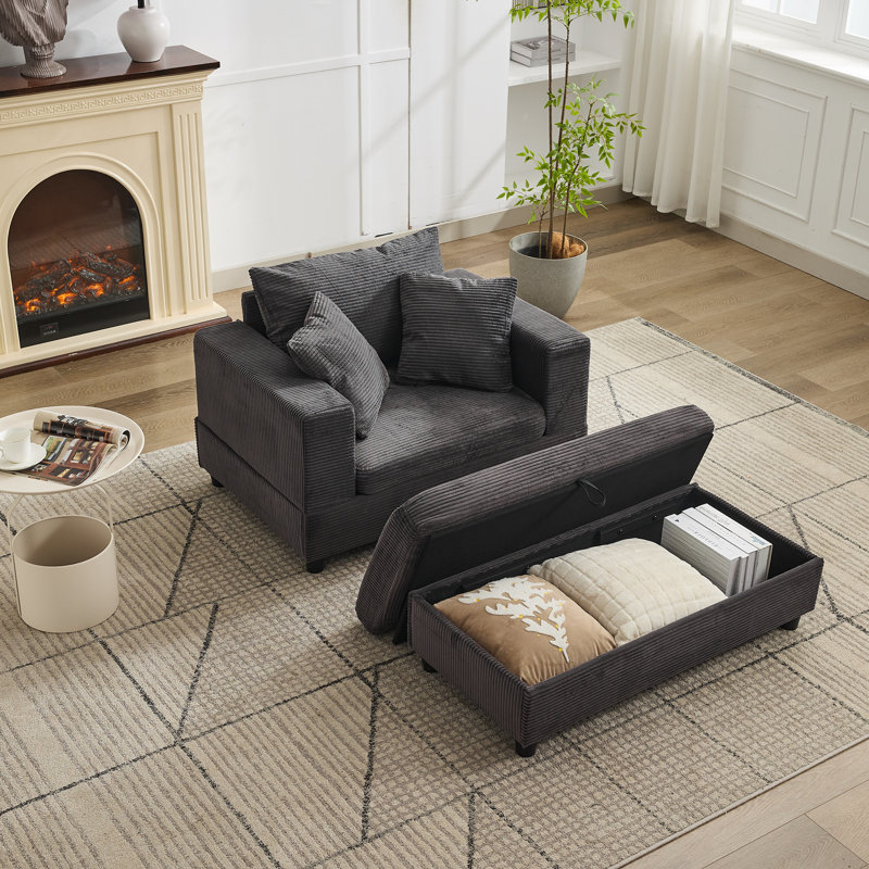 Méridienne rembourrée avec repose-pieds et coussins Corduroy, Repose-pieds sans rangement, Gris