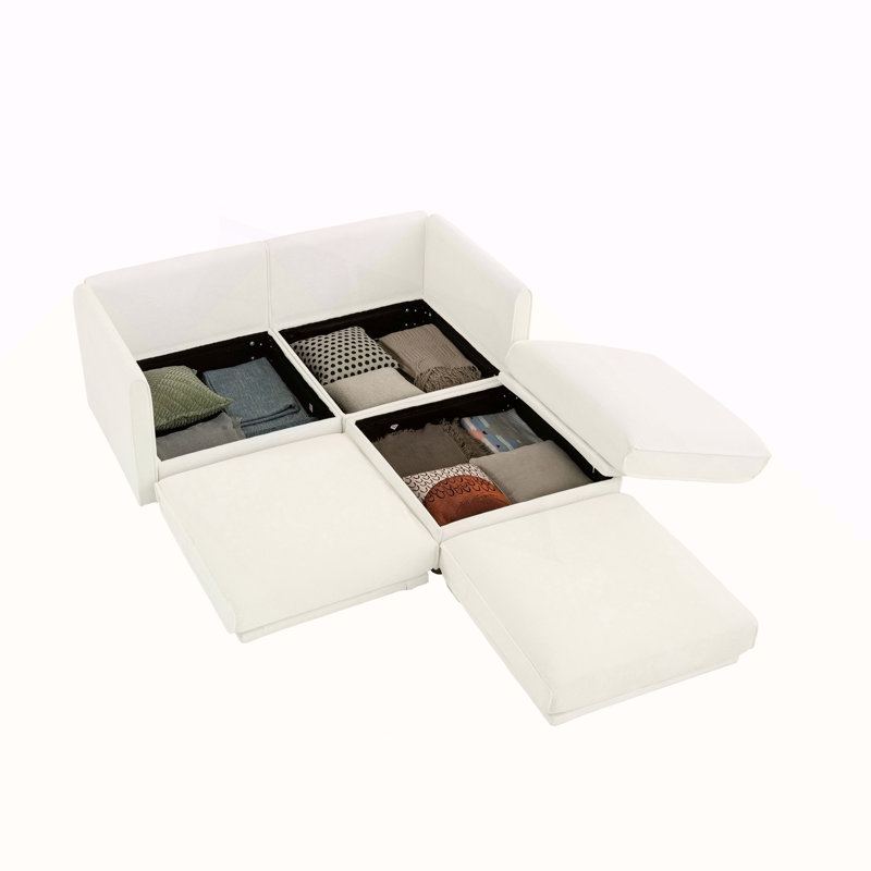 Élégant canapé 2 places en chenille blanche avec siège de rangement repose-pieds, dossier cylindrique et accoudoirs, causeuse moderne en tissu avec espace de rangement caché