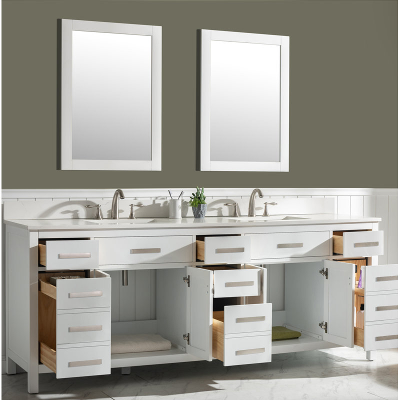 Binion 84'' Double Bathroom Vanity with Quartz Top, White