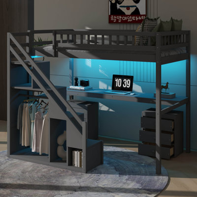 Lit mezzanine amélioré avec commode et bande lumineuse