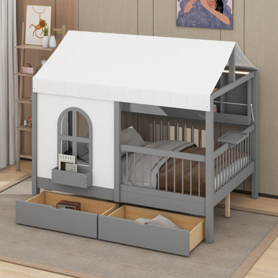 Full Size House Bed With 2 Large Drawers, Side Bookshelf With LED Strip