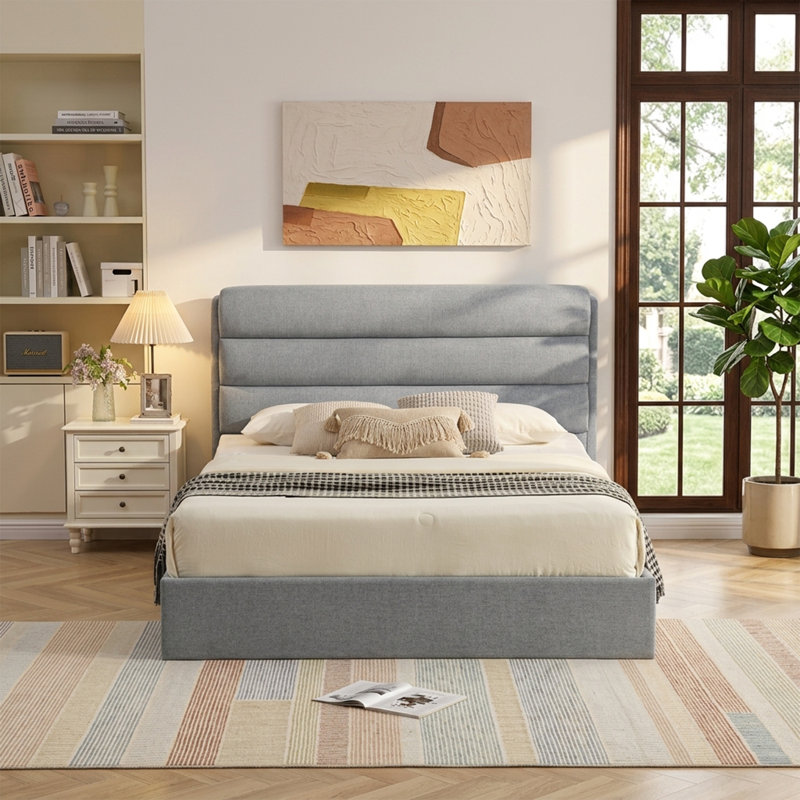 Lit plateforme tapissier avec rangement relevable, Grand, Bleu pastel