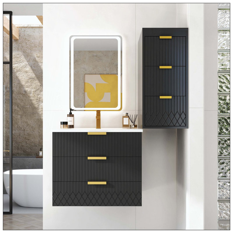 Modern Wall Mounted Floating Vanity Ceramic Basin Side Cabinet