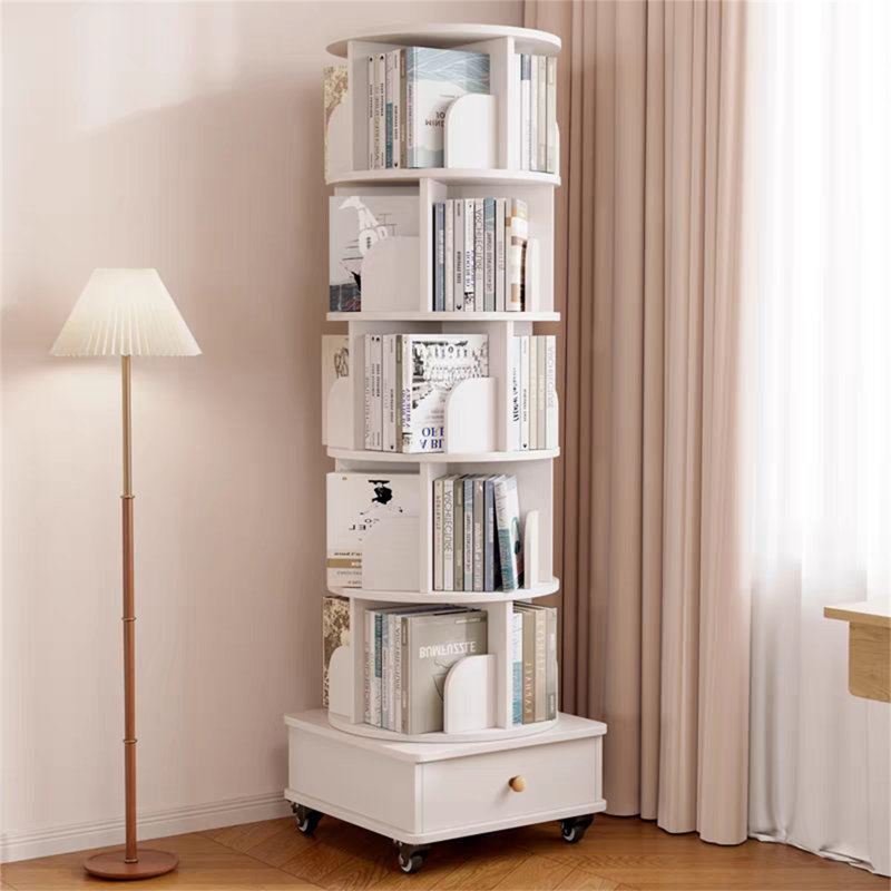 Bibliothèque rotative avec tiroir, (5 tablettes) H 68,89 po x l 18,11 po x P 18,11 po, Blanc