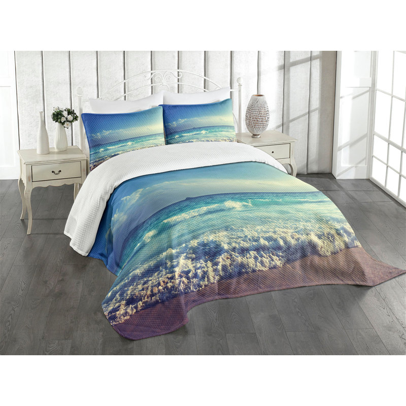 Ambesonne Tropical Bedspread Beach Sunset, King Bedspread + 2 Standard Shams