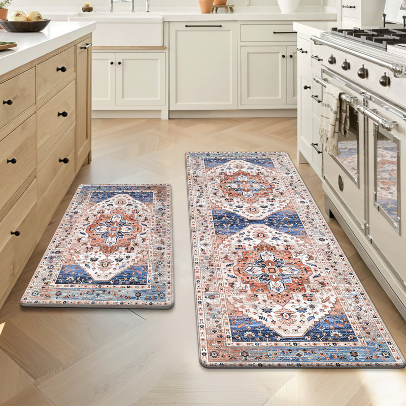 Joplyn Anti-Fatigue Non-Skid Waterproof Kitchen Mat (Set of 2), Runner 18" x 30" + 18" x 48", Orange/Blue/Red