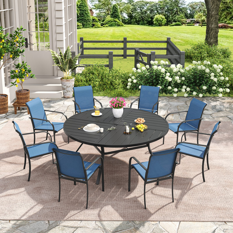 Bustamante Outdoor Round Patio Dining Set with Stackable Textilene Chairs, Black/Blue
