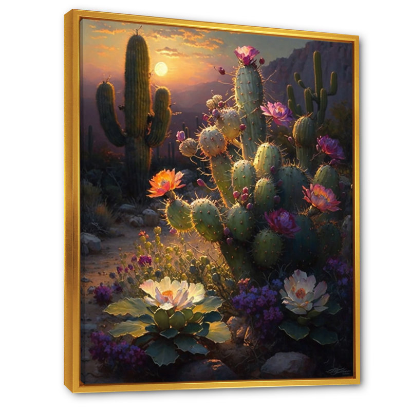 Cactus dans le désert I - montagnes, art mural, H 40 po x l 30 po, Cadre flottant doré