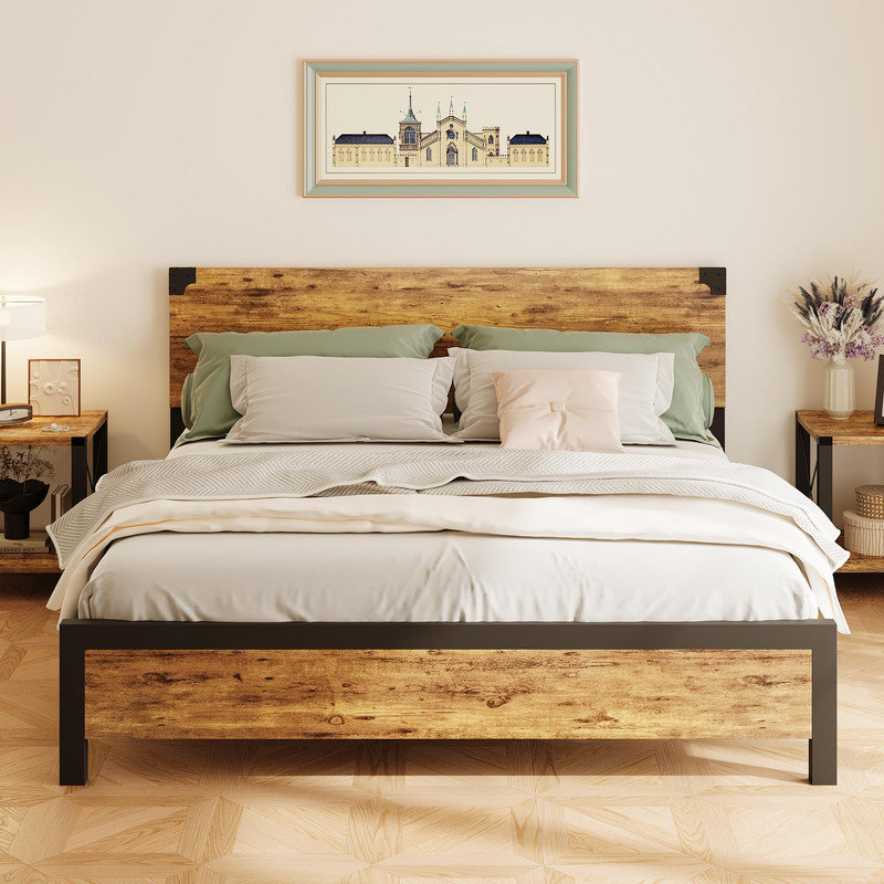 Structure de lit plateforme très rustique brun avec tête de lit en bois, pieds en métal, rangement sous le lit, aucun sommier requis, assemblage facile