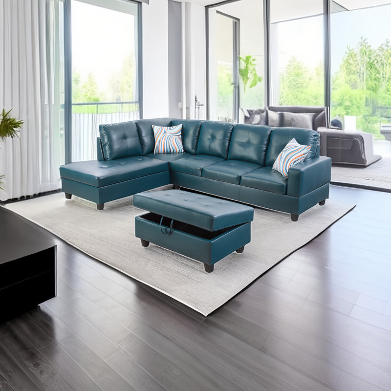 Canapé modulaire rembourré en L avec repose-pieds 3 pièces Erynne, Accoudoir à gauche (vu de face), Similicuir bleu sarcelle