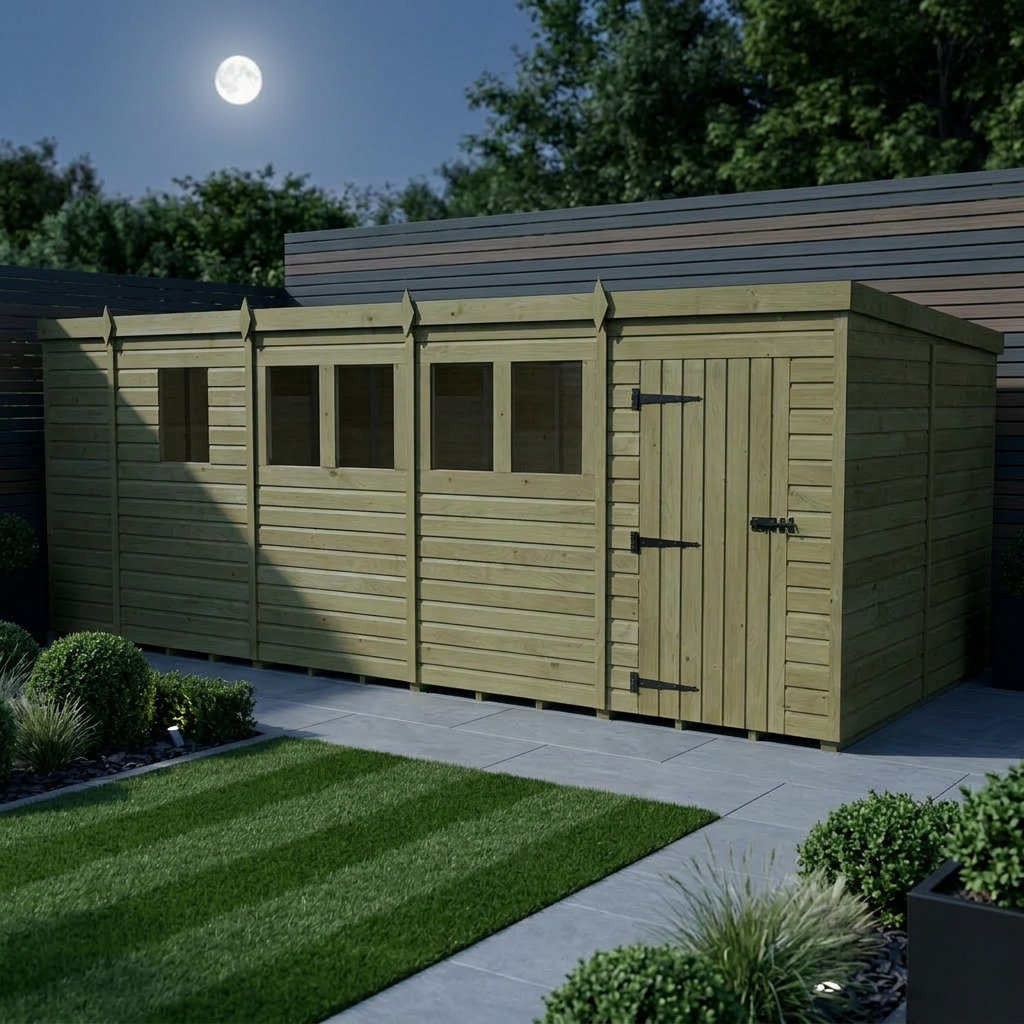 Total Sheds 17ft x 8ft Pent Garden Shed - Single Door - With Windows - Pressure Treated Timber - UK Manufactured