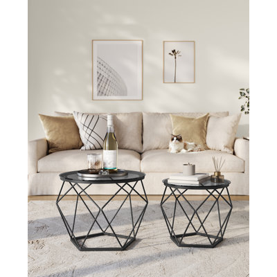 Alieya Round Coffee Tables, Set Of 2 Side Tables, Modern Style, Removable Tabletop, Steel Frame, For Living Room,Transparent-Cloud
