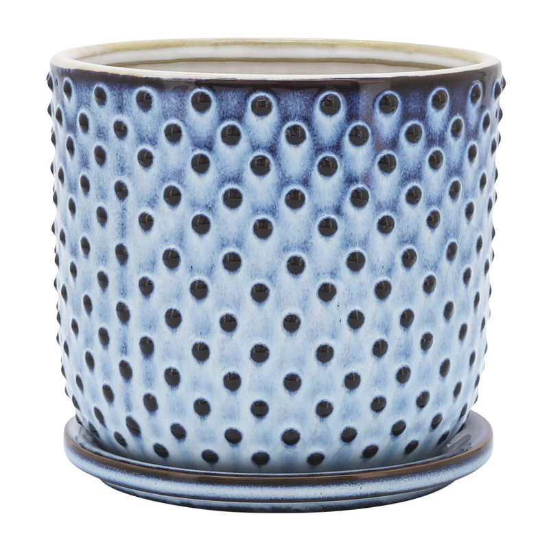 Modern Textured Ceramic Planter with Saucer, Dot Blue, 1