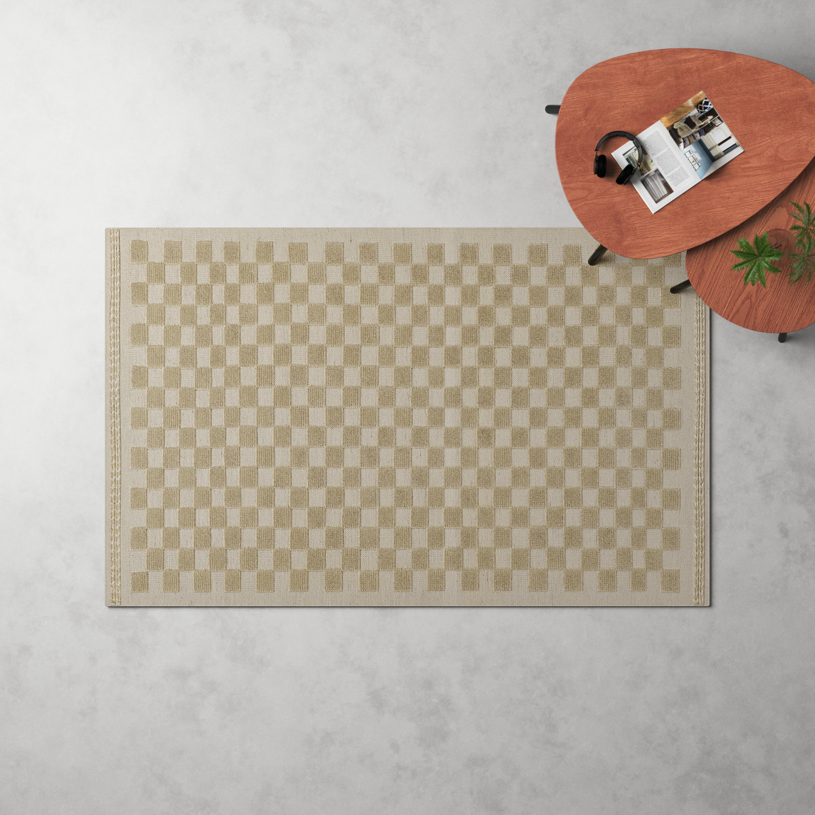 Azle Beige Tan Hand-Woven Checkered Wool Rug, Rectangle 6'3" x 9'