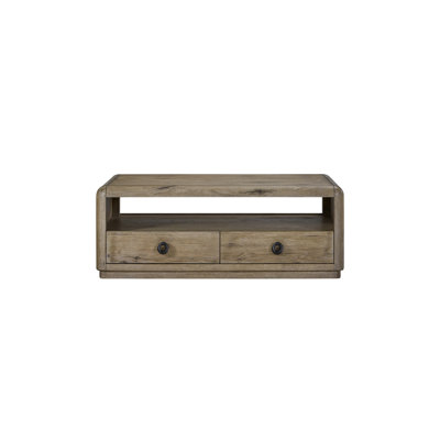Table basse avec tiroir en chêne anglais Knotty, deux tiroirs à fermeture automatique, tablette ouverte, poids de 117 lb, bois massif + table avec tiroirs et 48 po de profondeur, 28 po de largeur, 18,5 po de hauteur, bords arrondis