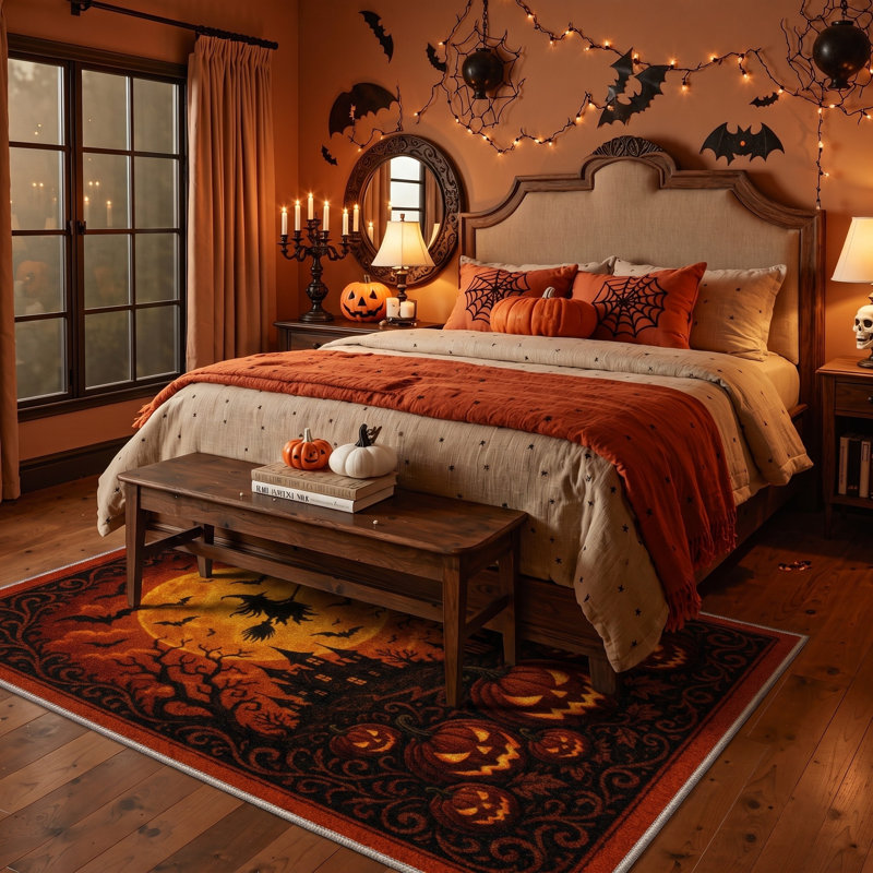 Tapis d'Halloween céleste, noir et orange, lavable à la machine, à poils courts, antidérapant, Rectangle 9 pi x 12 pi