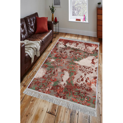 Tapis à tissage plat Ladk en rouge / vert / brun