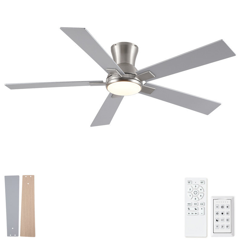 Ventilateur de plafond 52 po en nickel brossé moderne avec lumière et télécommande, moteur silencieux réversible