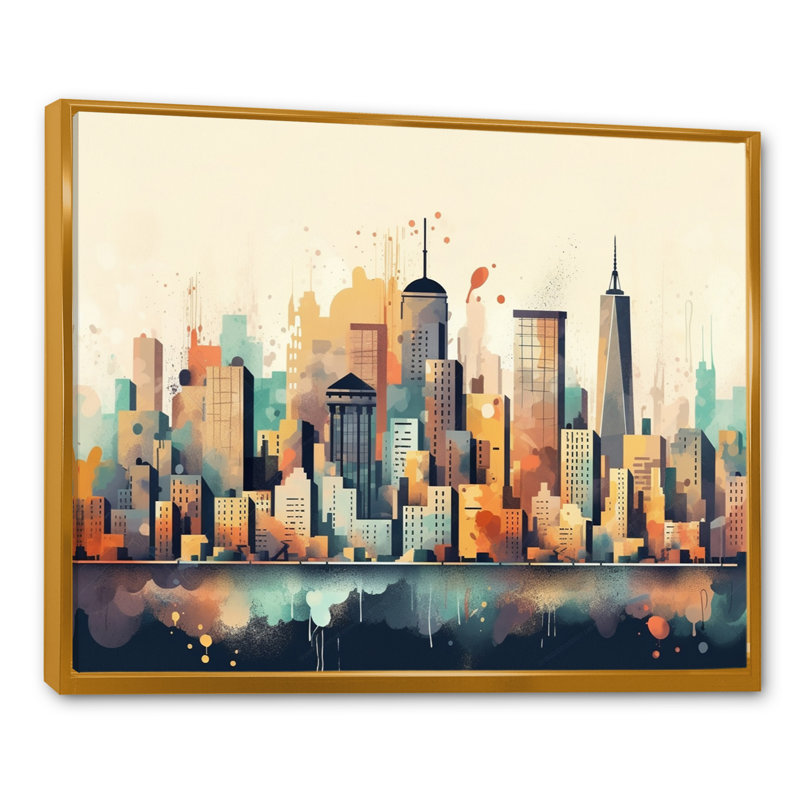 Colorful City Skyline2 - salon d'art mural urbain, H 34 po x l 44 po x P 1,5 po, Toile avec cadre flottant or