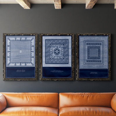 Indigo Tile I - ensemble de 3 impressions sur toile encadrées
