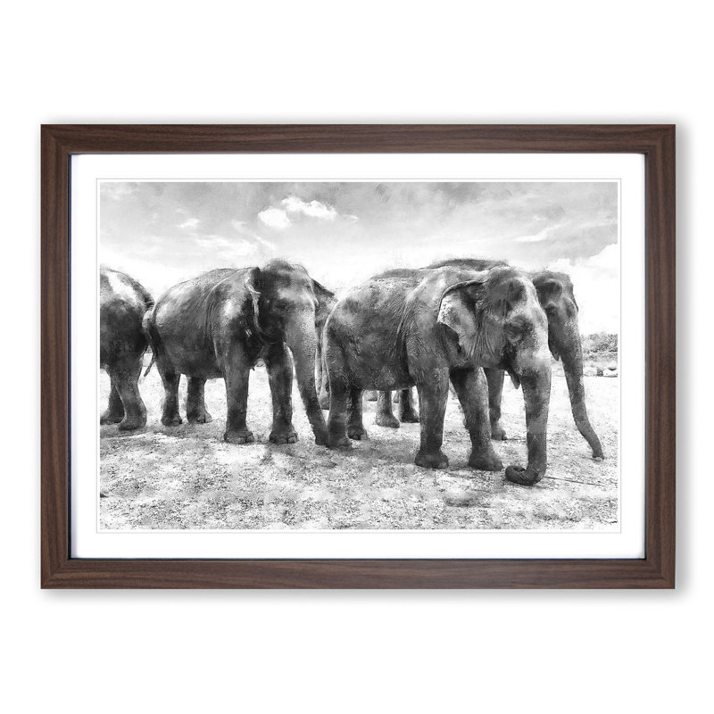 Elephants in Sri Lanka - Picture Frame Painting Print, 62cm H x 87cm W x 2cm D, Walnut Framed