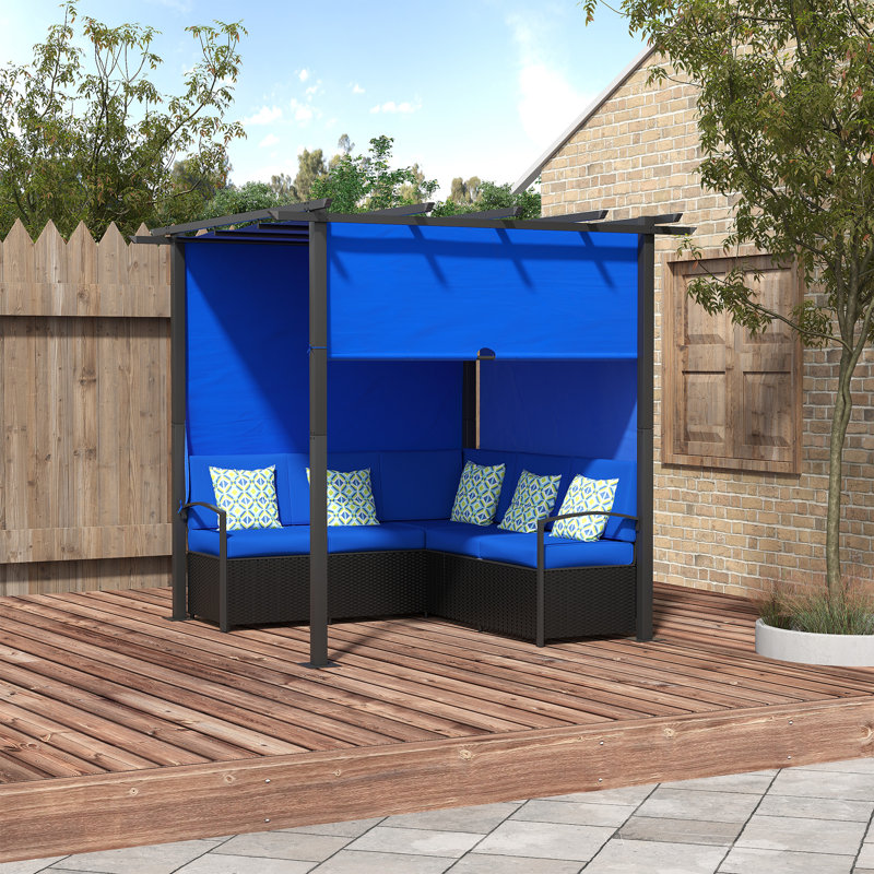 Canapé modulaire d'extérieur en osier de 90,6 po de largeur avec coussins, Bleu