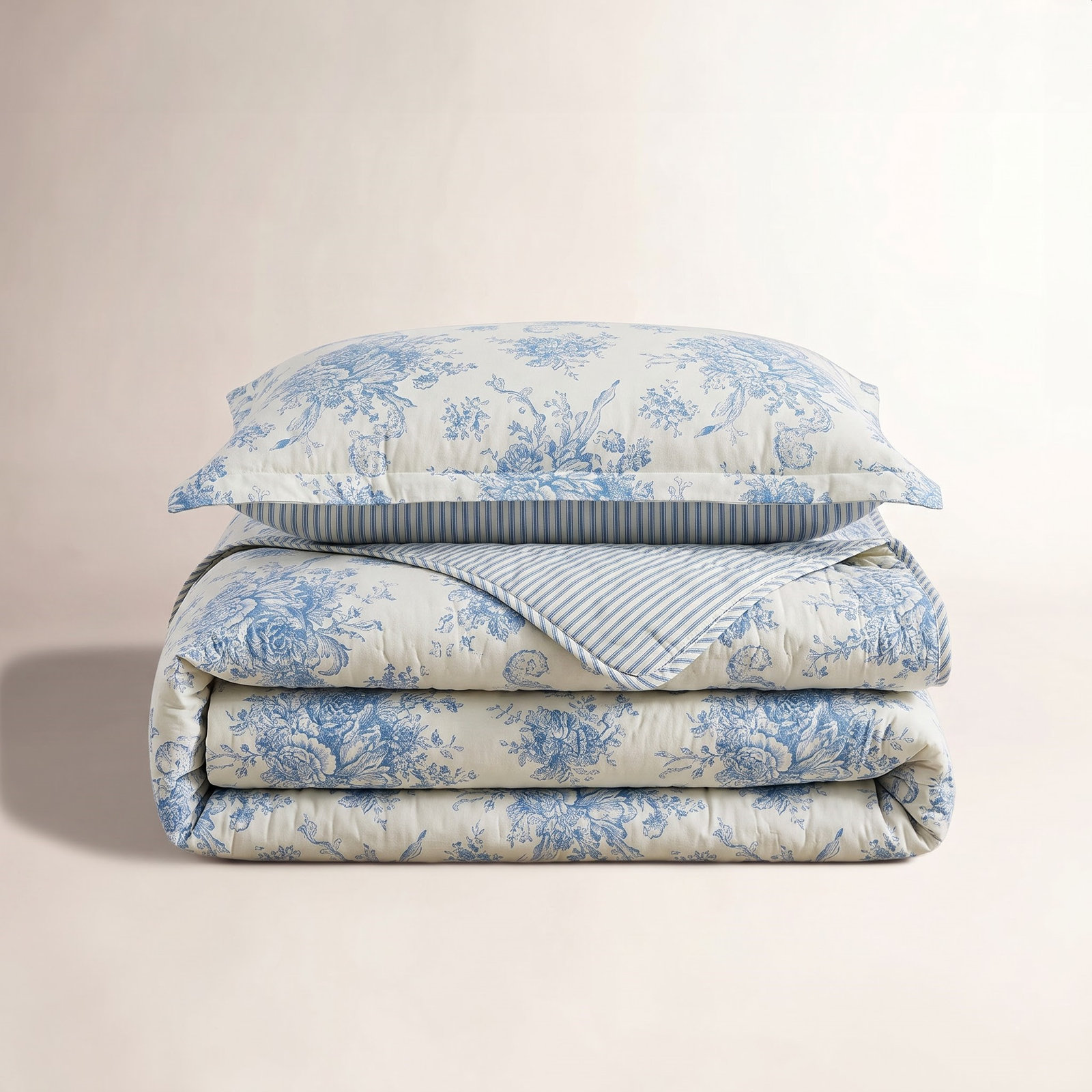 Benedictine Cotton Quilt Set, Twin/Twin XL Quilt + 1 Sham, Light Blue