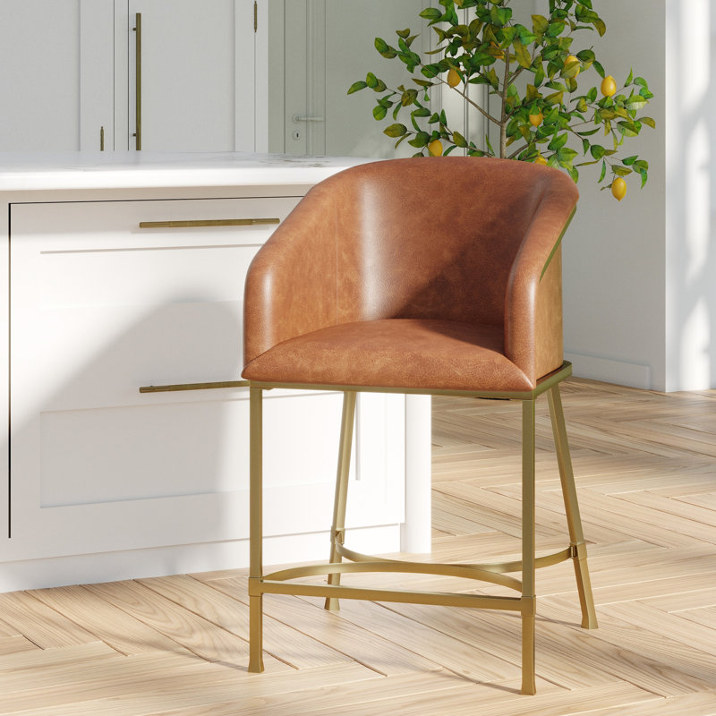 Tabouret de comptoir de 26 po de hauteur, similicuir brun tabac, structure dorée, dossier confortable, glissières de comptoir de bar réglables pour îlot de cuisine, table haute