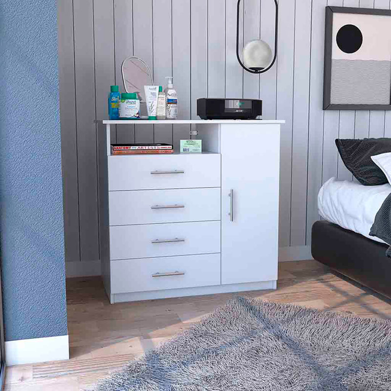 Commode 4 tiroirs, 1 tablette ouverte, plateau supérieur, armoire à une porte, blanc, Blanc