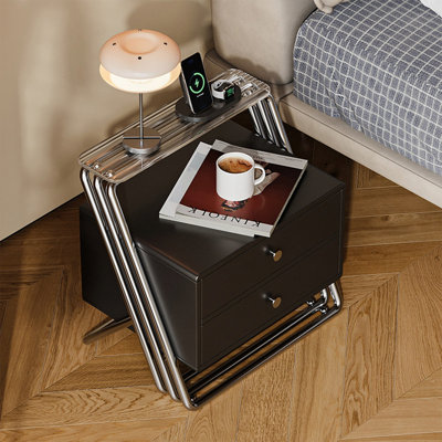 Table de chevet moderne et minimaliste en acier inoxydable avec double tiroir, 50 cm (H) x 48 cm (L), idéale pour ranger des objets dans une chambre, un salon ou un bureau.