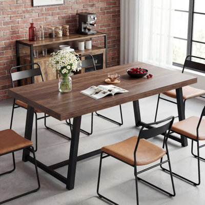 Industrial Dining Table For 6-8 People, 71" Rectangular Brown  Kitchen Table With Sturdy Metal Frame