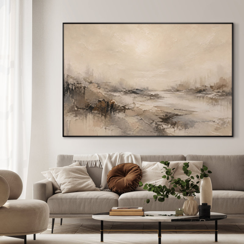 Très grand art mural imprimé sur toile - Décor de chambre à coucher minimaliste beige Misty Horizon, 46" H x 72" W