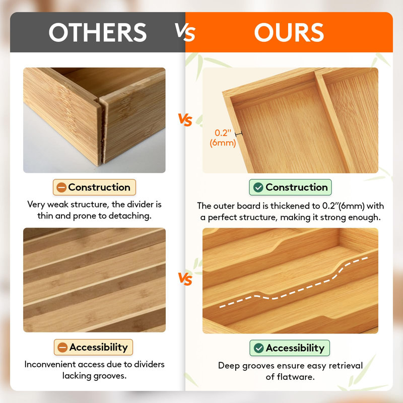 Bamboo Utensil Organizer for Kitchen Drawer, Cooking Utensil Tray，Natural