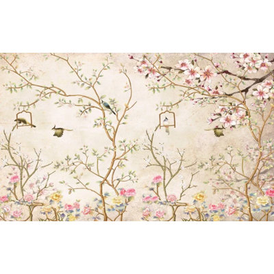 Vintage Beige Floral Bird Garden Wallpaper Wall Mural