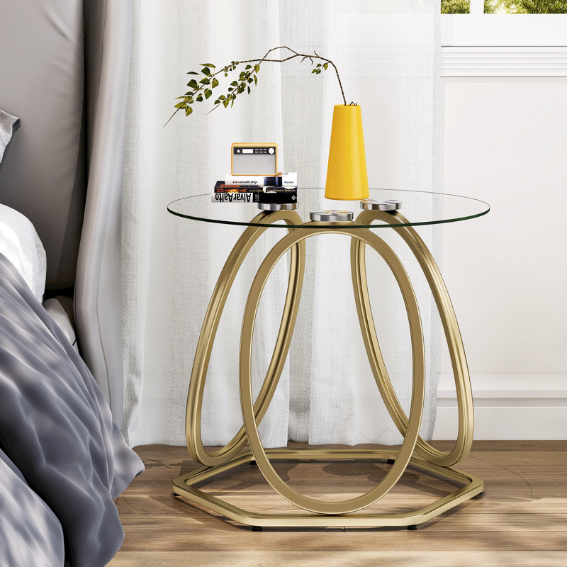 Modern Round Glass End Table For Living Room, Gold