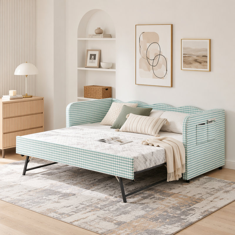 Lit de jour simple en vichy convertible 3 en 1 avec couchette et poches de rangement, Cyan