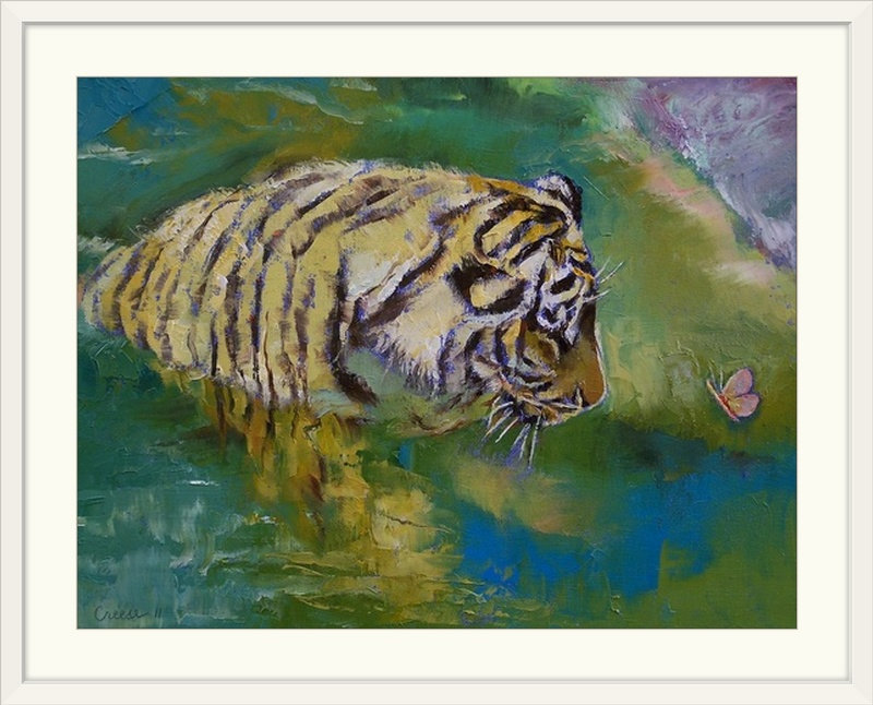«Driton Curiosity Tiger and Butterfly» par Michael Creese, reproduction d'art, H 26 po x l 32 po x P 1 po, Cadre blanc